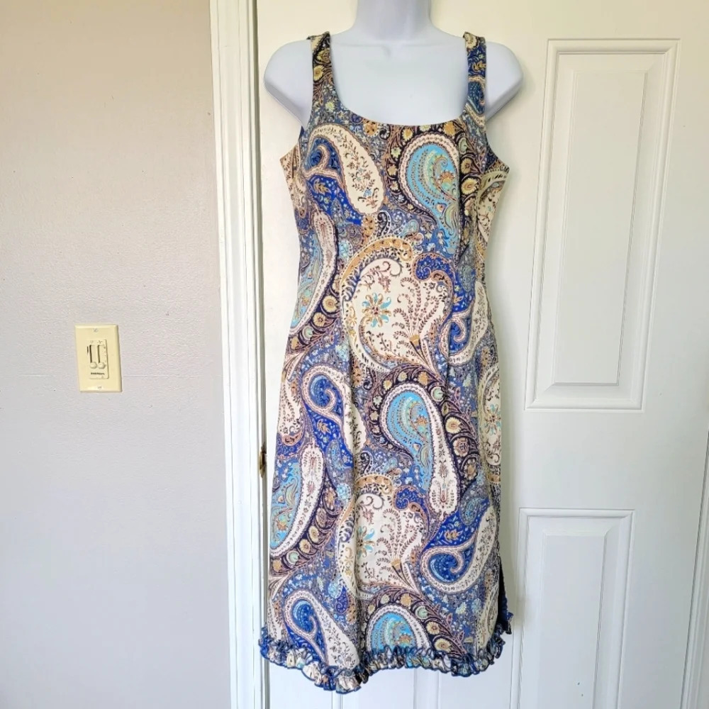 Citrine Canada Blue Cream Paisley Ruffle Hem Sleeveless Dress Lined Wedding Sz 6
